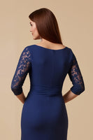 Load image into Gallery viewer, Navy Round Neck Sheath Long Mother of the Bride Dress with Lace Sleeves