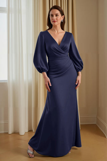 Pine Satin V-Neck Long Mermaid Mother of the Bride Dress