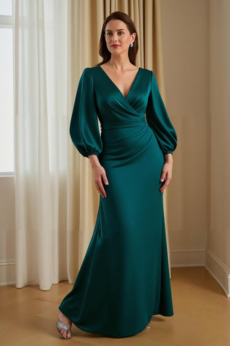 Pine Satin V-Neck Long Mermaid Mother of the Bride Dress