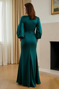 Pine Satin V-Neck Long Mermaid Mother of the Bride Dress