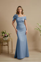 Load image into Gallery viewer, Dusty Blue Satin Mermaid Ruched Long Mother of the Bride Dress with Bow