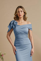 Load image into Gallery viewer, Dusty Blue Satin Mermaid Ruched Long Mother of the Bride Dress with Bow
