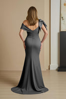 Load image into Gallery viewer, Dusty Blue Satin Mermaid Ruched Long Mother of the Bride Dress with Bow