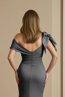 Load image into Gallery viewer, Dusty Blue Satin Mermaid Ruched Long Mother of the Bride Dress with Bow