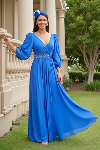 Blue A Line Chiffon V-Neck Long Mother of the Bride Dress