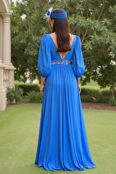 Blue A Line Chiffon V-Neck Long Mother of the Bride Dress