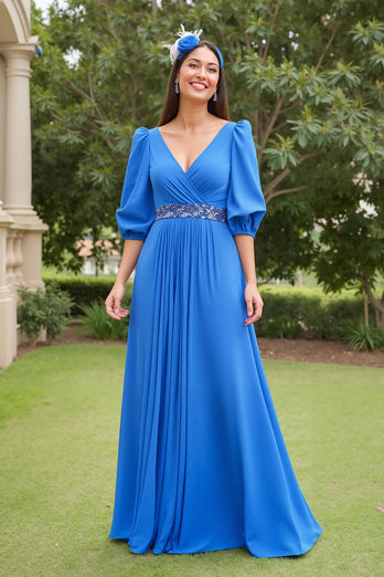 Blue A Line Chiffon V-Neck Long Mother of the Bride Dress
