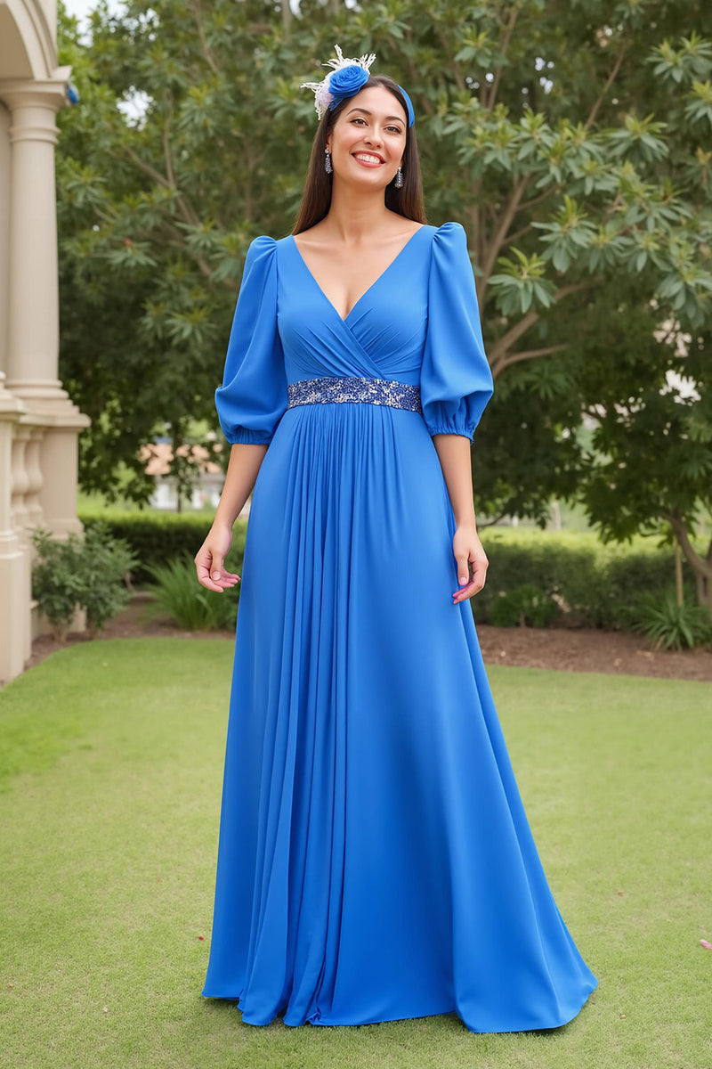 Load image into Gallery viewer, Blue A Line Chiffon V-Neck Long Mother of the Bride Dress