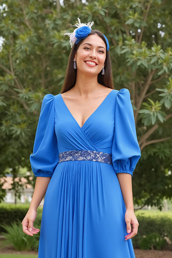 Blue A Line Chiffon V-Neck Long Mother of the Bride Dress