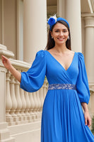 Load image into Gallery viewer, Blue A Line Chiffon V-Neck Long Mother of the Bride Dress