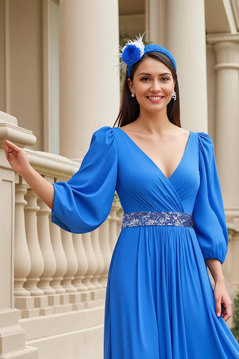 Blue A Line Chiffon V-Neck Long Mother of the Bride Dress