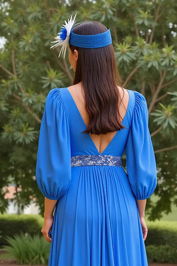 Blue A Line Chiffon V-Neck Long Mother of the Bride Dress