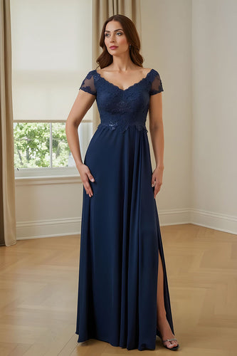 Navy V-Neck Chiffon A-Line Long Mother of the Bride Dress