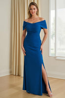 Load image into Gallery viewer, Blue Off The Shoulder Sheath Long Mother of the Bride Dress with Slit