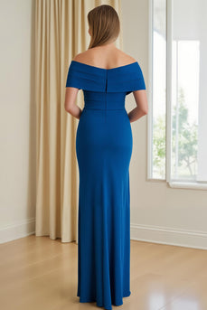 Blue Off The Shoulder Sheath Long Mother of the Bride Dress with Slit