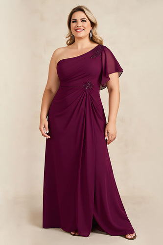 Burgundy One Shoulder Ruched Long Mother of the Bride Dress
