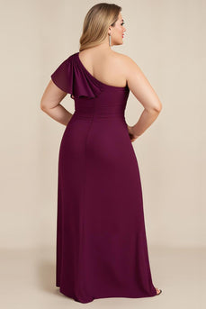 Burgundy One Shoulder Ruched Long Mother of the Bride Dress
