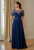 Load image into Gallery viewer, Navy Chiffon A Line Illusion Neck Long Mother of the Bride Dress with Appliques