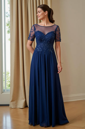 Navy Chiffon A Line Illusion Neck Long Mother of the Bride Dress with Appliques