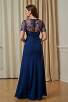 Load image into Gallery viewer, Navy Chiffon A Line Illusion Neck Long Mother of the Bride Dress with Appliques