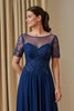 Load image into Gallery viewer, Navy Chiffon A Line Illusion Neck Long Mother of the Bride Dress with Appliques