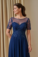 Load image into Gallery viewer, Navy Chiffon A Line Illusion Neck Long Mother of the Bride Dress with Appliques