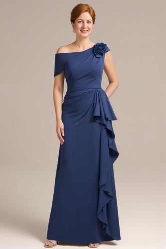 Navy Off the Shoulder Sheath Long Mother of the Bride Dress