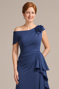 Navy Off the Shoulder Sheath Long Mother of the Bride Dress