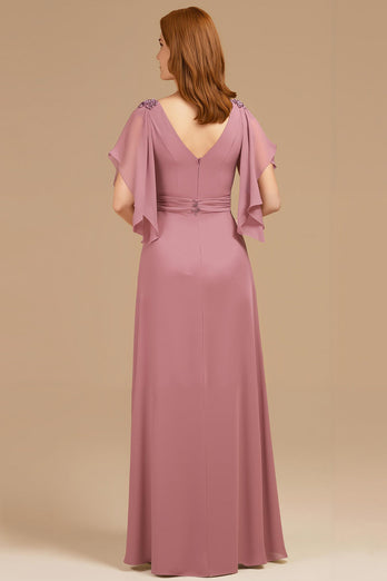 Grape V-Neck A-Line Long Mother of the Bride Dress with Appliques