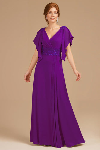 Grape V-Neck A-Line Long Mother of the Bride Dress with Appliques