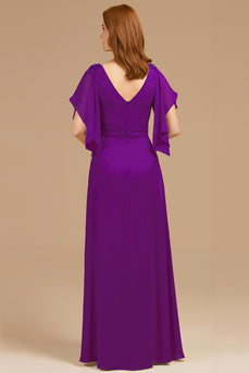 Grape V-Neck A-Line Long Mother of the Bride Dress with Appliques