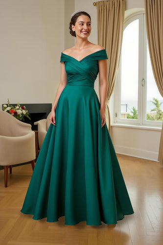 Dark Green Satin Off The Shoulder A Line Long Mother of the Bride Dress