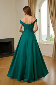 Dark Green Satin Off The Shoulder A Line Long Mother of the Bride Dress