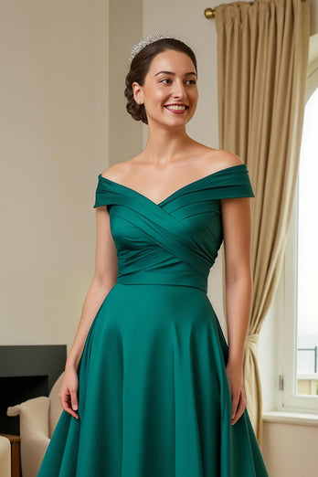 Dark Green Satin Off The Shoulder A Line Long Mother of the Bride Dress