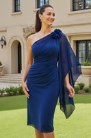 Load image into Gallery viewer, Navy One Shoulder Bodycon Midi Mother of the Bride Dress with Sleeves