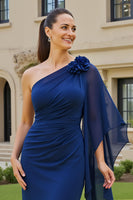 Load image into Gallery viewer, Navy One Shoulder Bodycon Midi Mother of the Bride Dress with Sleeves