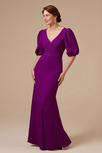 Grape Satin Mermaid V-Neck Long Mother of the Bride Dress