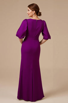 Grape Satin Mermaid V-Neck Long Mother of the Bride Dress