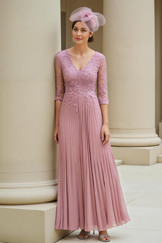 Dusty Rose A Line Appliqued V-Neck Long Mother of the Bride Dress
