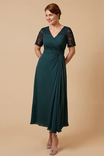 Pine Chiffon V-Neck A-Line Long Mother of the Bride Dress with Sleeves