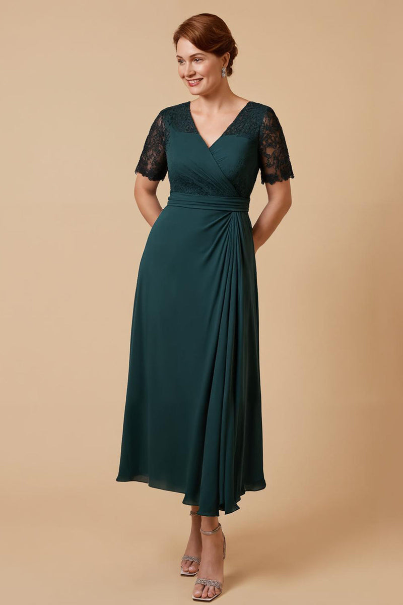 Load image into Gallery viewer, Pine Chiffon V-Neck A-Line Long Mother of the Bride Dress with Sleeves