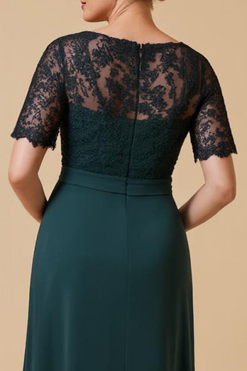 Pine Chiffon V-Neck A-Line Long Mother of the Bride Dress with Sleeves