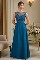 Load image into Gallery viewer, Peacock Blue Chiffon A Line Long Mother of the Bride Dress with Appliques