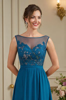 Load image into Gallery viewer, Peacock Blue Chiffon A Line Long Mother of the Bride Dress with Appliques