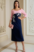 Load image into Gallery viewer, Navy Sheath Midi Mother of the Bride Dress with Appliques