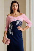 Load image into Gallery viewer, Navy Sheath Midi Mother of the Bride Dress with Appliques