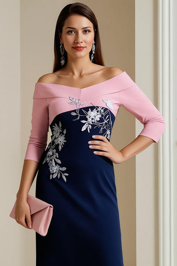 Navy Sheath Midi Mother of the Bride Dress with Appliques