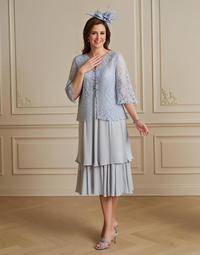 Silver 2 Pieces Chiffon Midi Mother of the Bride Dress