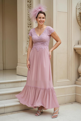Dusty Rose V-Neck Chiffon A-Line Long Mother of the Bride Dress