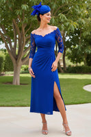Load image into Gallery viewer, Royal Blue Ruched Midi Mother of the Bride Dress with Lace
